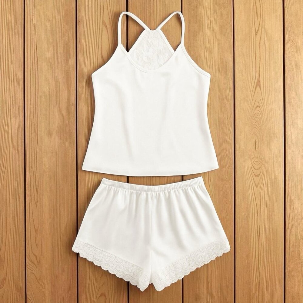 Ekouaer White Satin Pajama Set Cami and Shorts Large - Picture 2 of 5